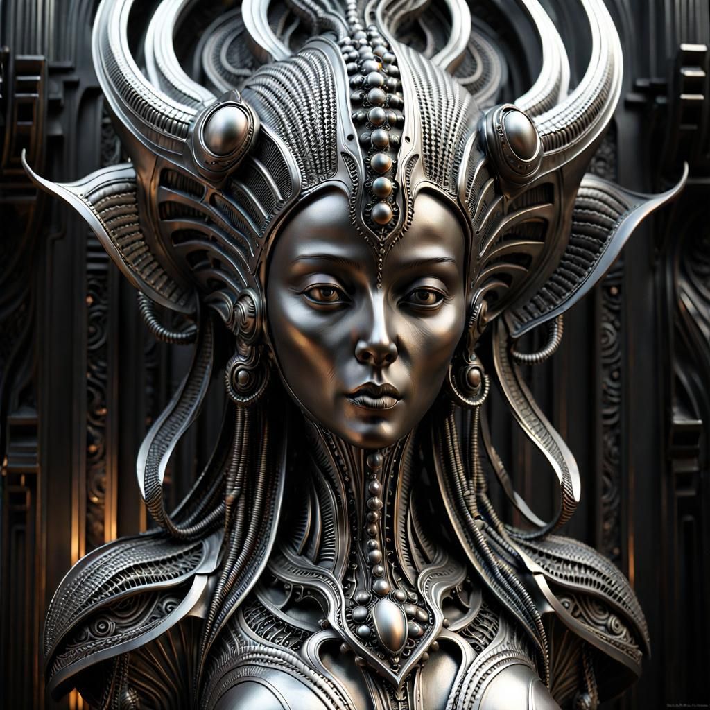 Intricate Alien Metal Sculpture in Dark Surrealist Style