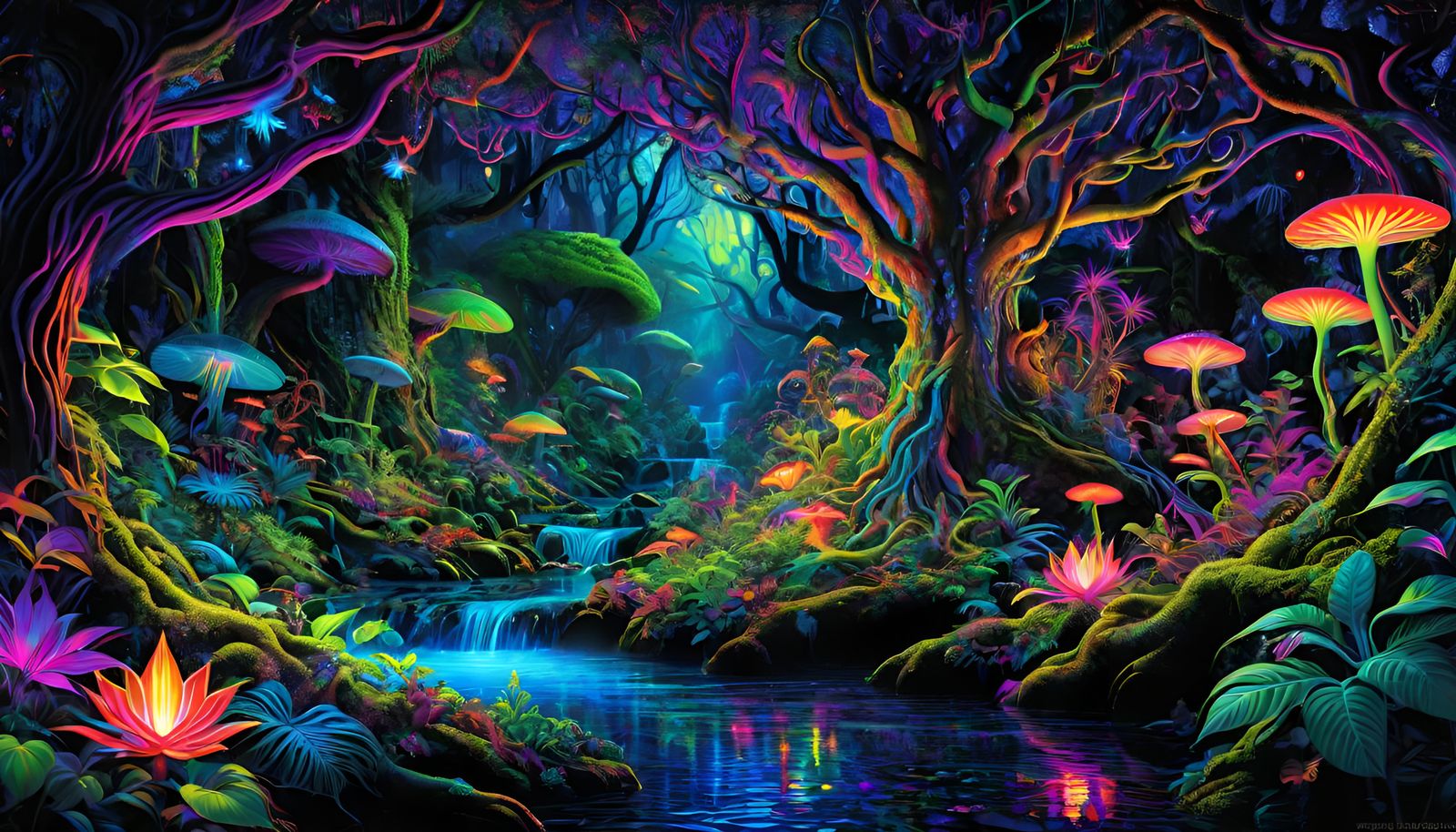 Psychedelic Blacklight Jungle with Mythical Creatures