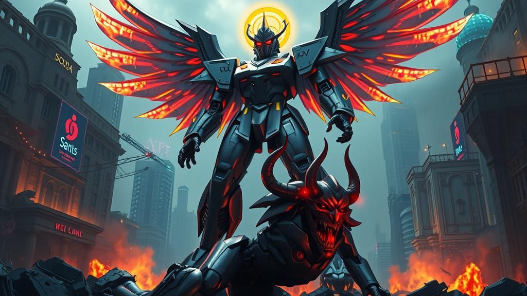 Giant Saint Michael Mech Crushing Robotic Devil