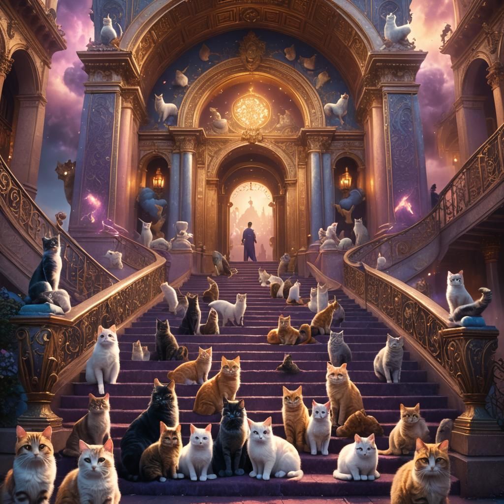 Ornate Staircase of Cats with Glowing Portal
