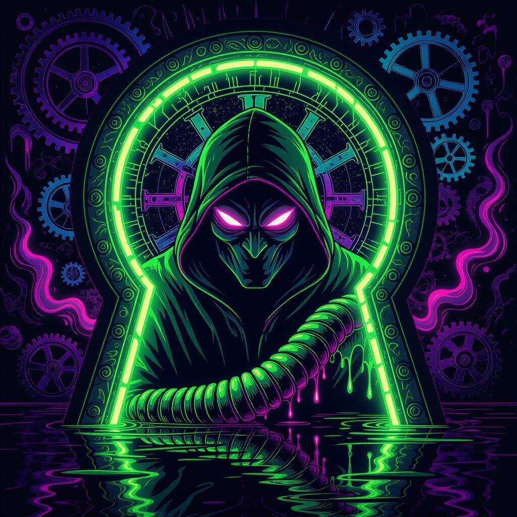 Evil Hooded Man Through Glowing Keyhole