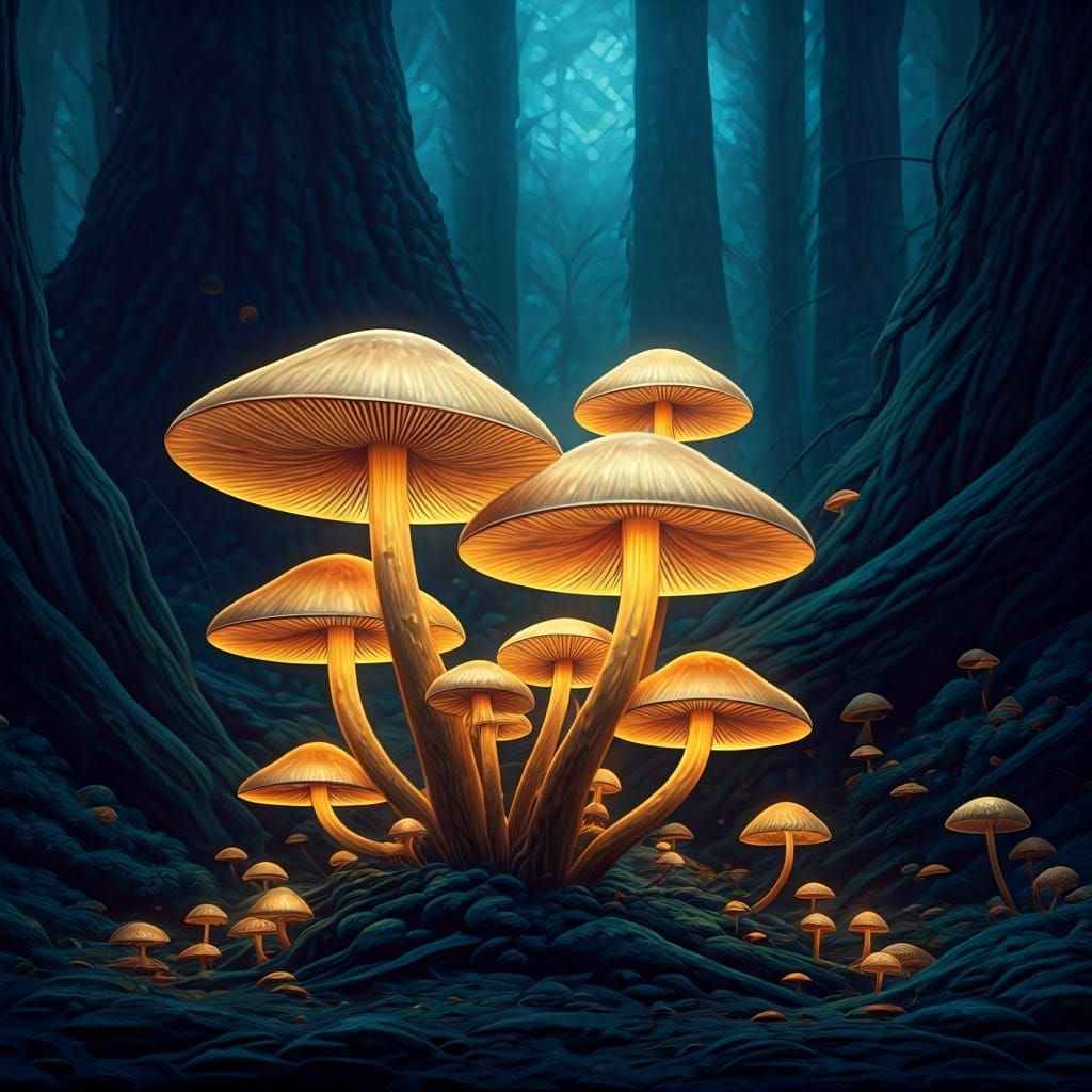 Golden Glow Mushrooms in Eerie Blue Forest