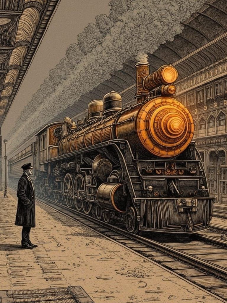 Steampunk Engineer and Detailed Steam Engine Sketch