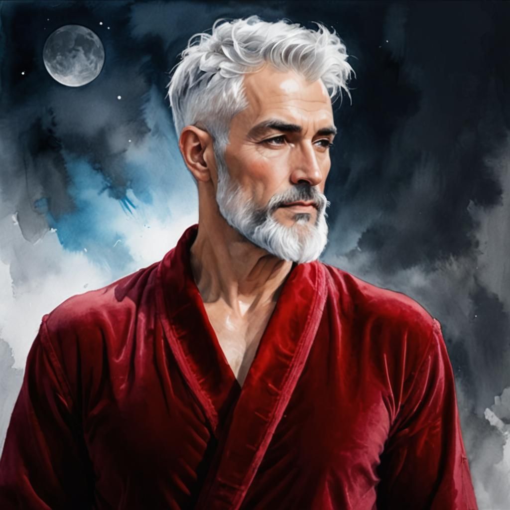 Silver-Haired Man in Red Velvet: Alcohol Ink Portrait