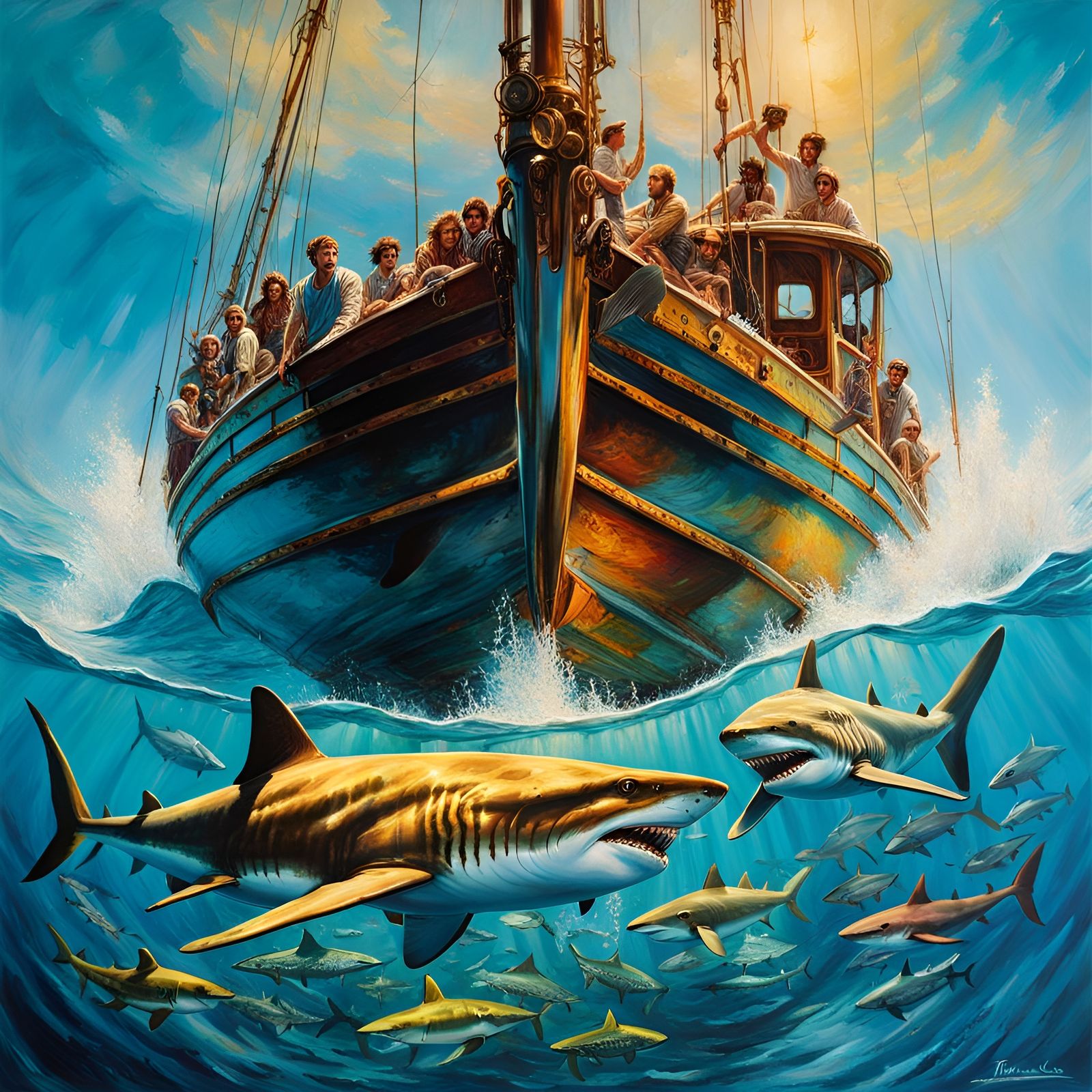 Sharks Circle Boat: Hyperrealistic Action Painting