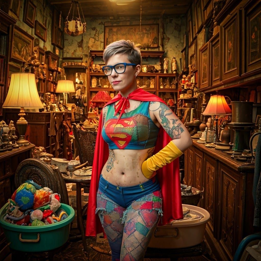 Vibrant Rainbow Librarian Superhero in Whimsical Antique Sho...