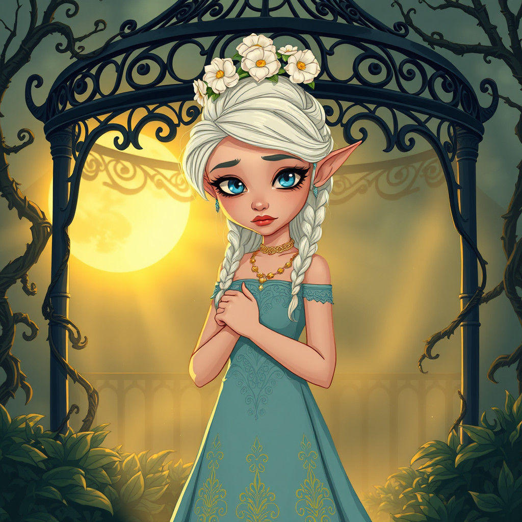 Elven Princess in Moonlit Garden, 80s Cartoon Style