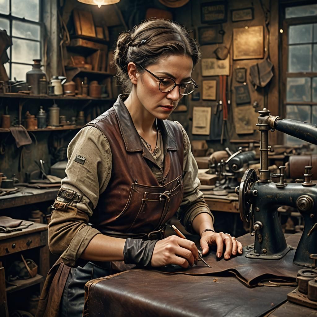 Seamstress in Dimly Lit 1920s Post-Apocalyptic Shop