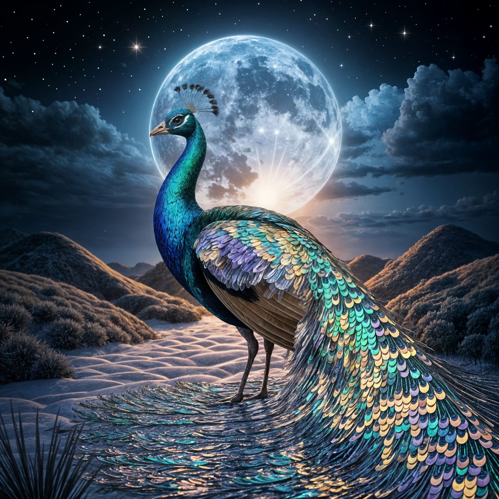 Ethereal Peacock Shimmers in Iridescent Sequins