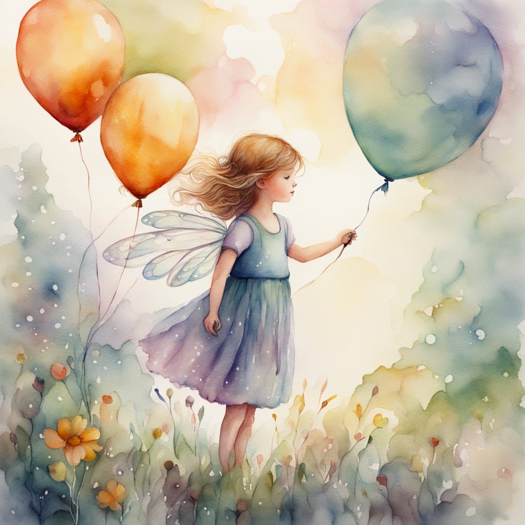 Whimsical Fairy Holding Balloon in Watercolour Style