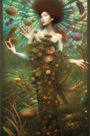 Surreal Woman in Mycelium Network, Dynamic Digital Art