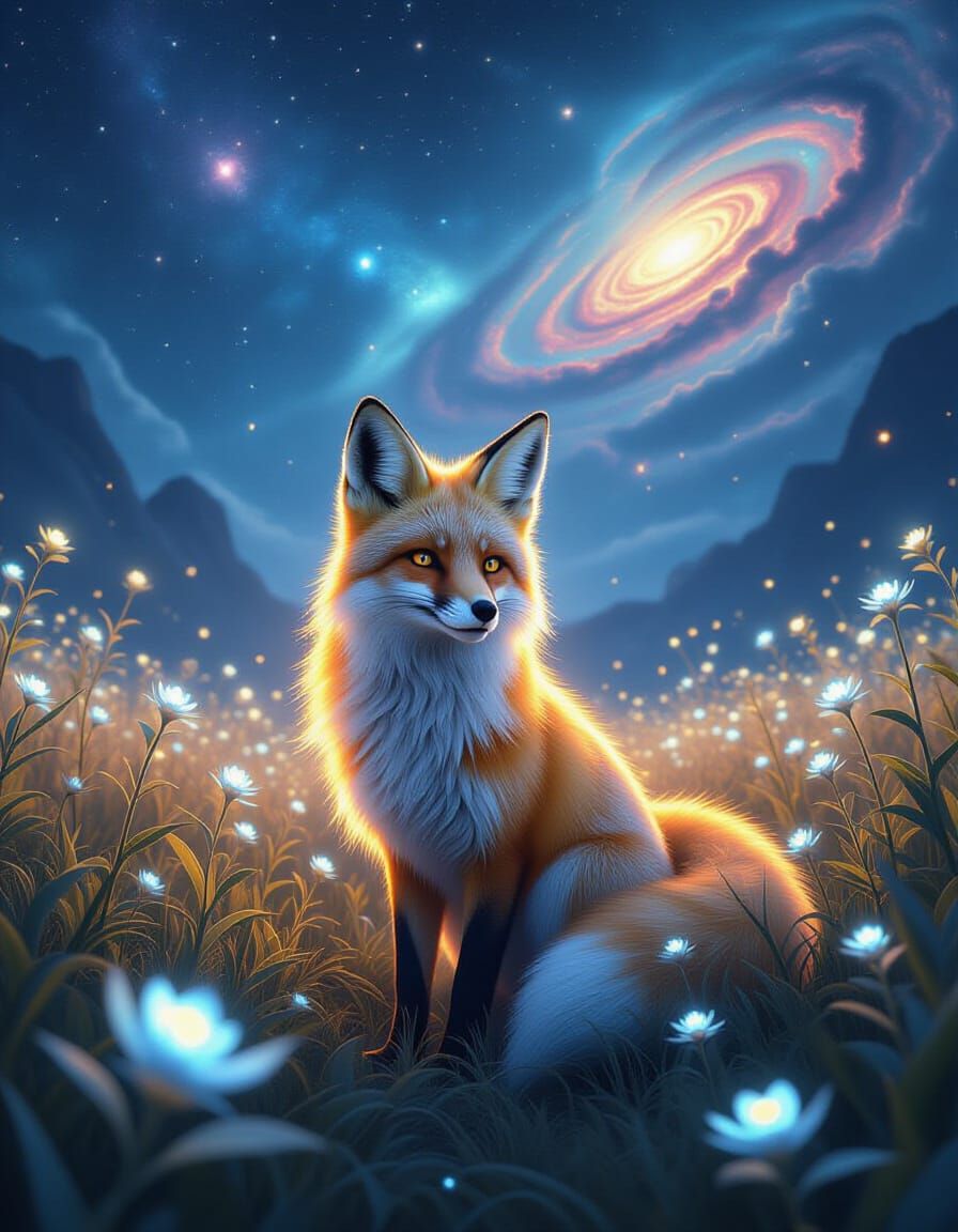 Bioluminescent Fox in Cosmic Flora Field