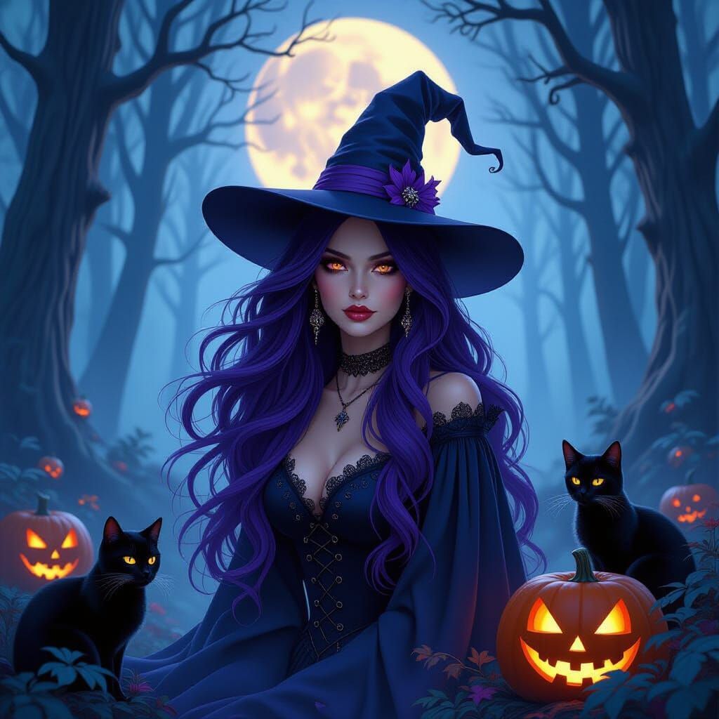 Ethereal beautiful witch, long purple hair, mystical Halloween essence, haunting purple accents, eerie fog enveloping a ...
