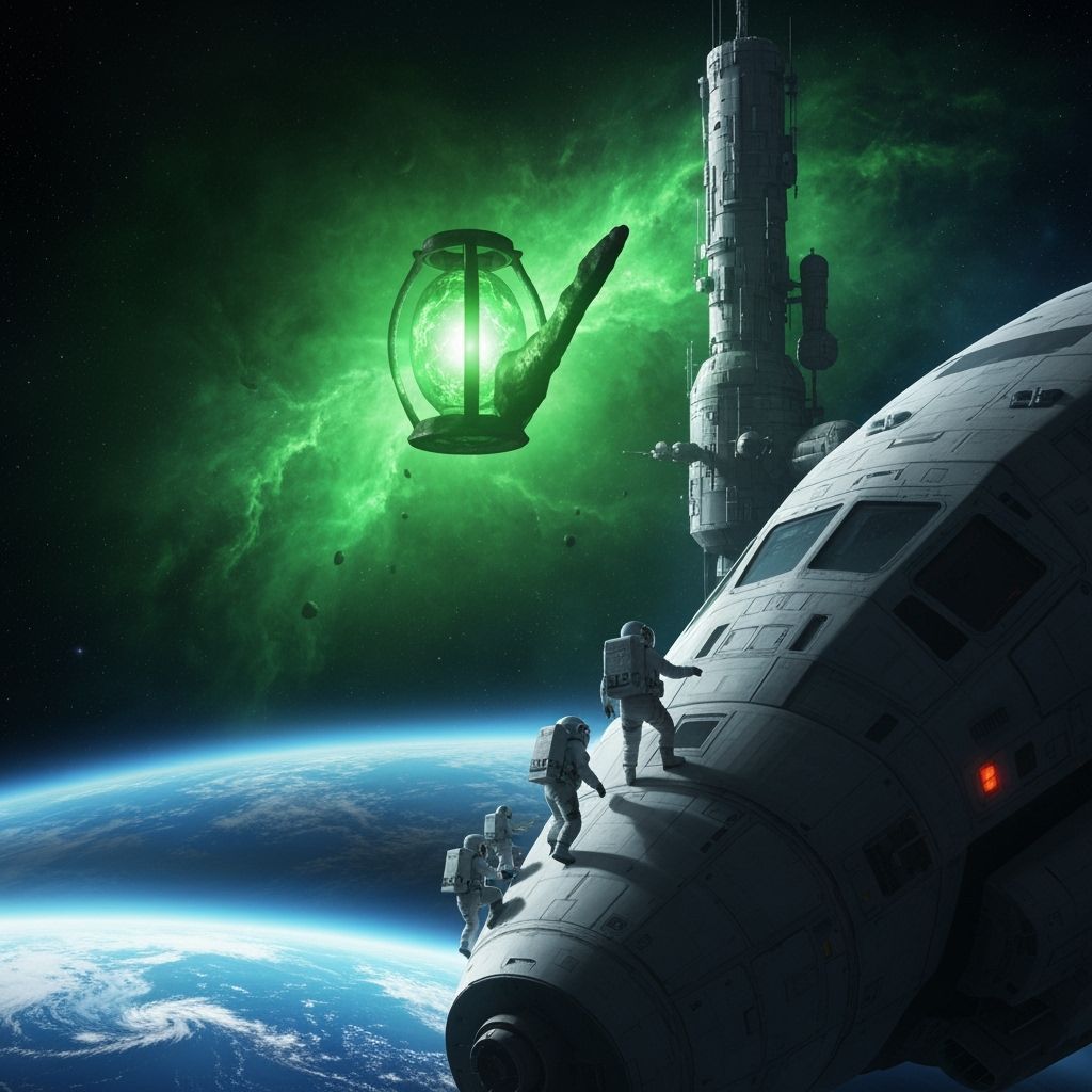 Astronauts Board Spacestation with Emerald Asteroid Light