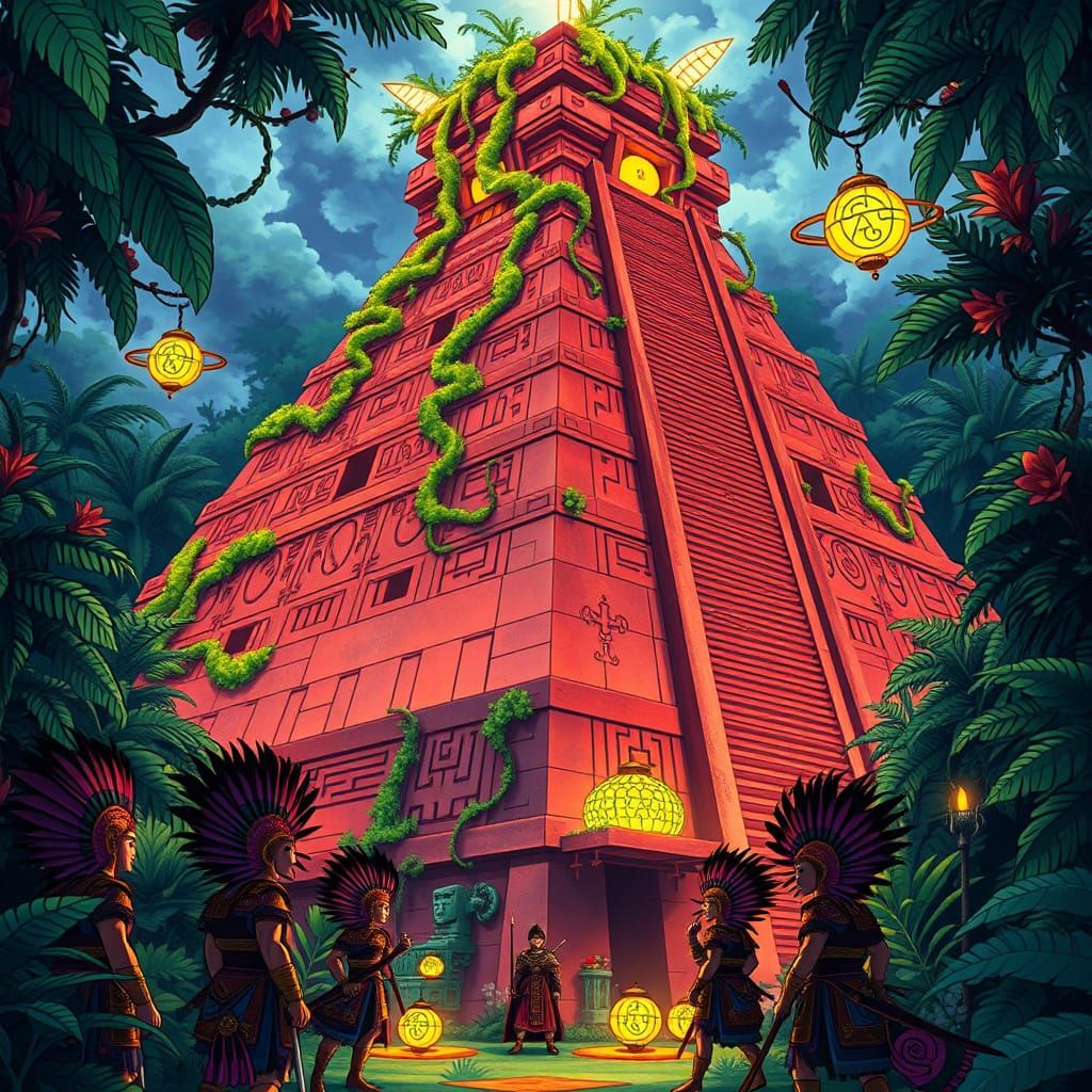 Ancient Mesoamerican Pyramid in Vibrant Jungle Landscape