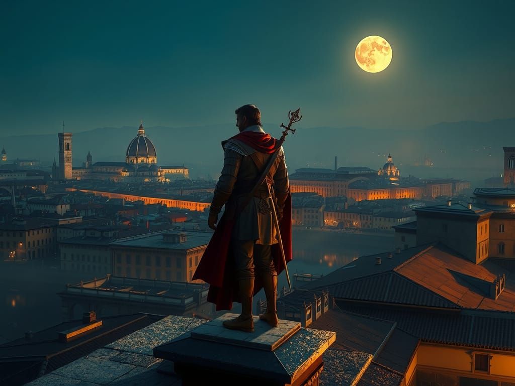 Heroic Renaissance Assassin Ezio Overlooks Moonlit Italian C...