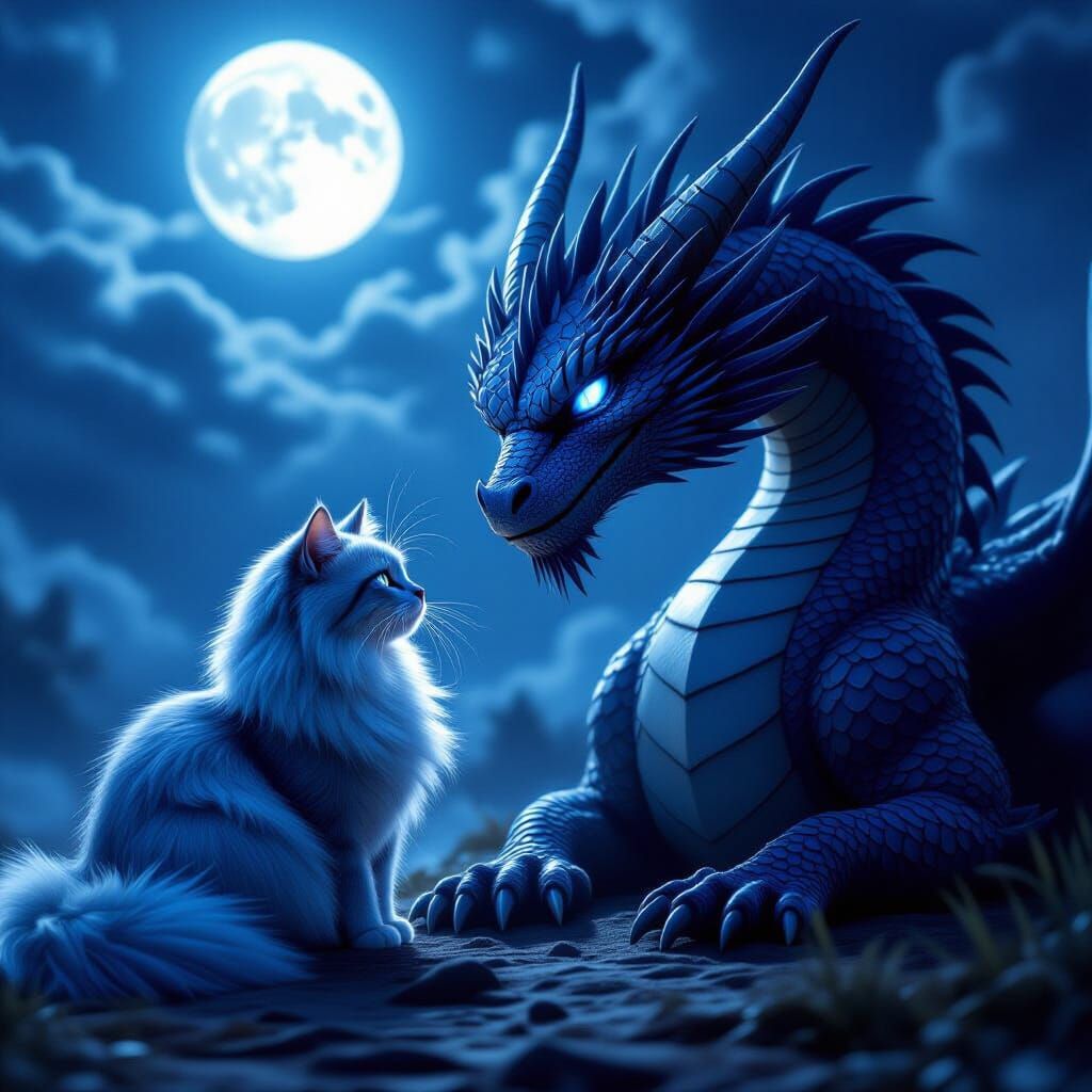 Blue Cat and Dragon Under Ethereal Moonlight