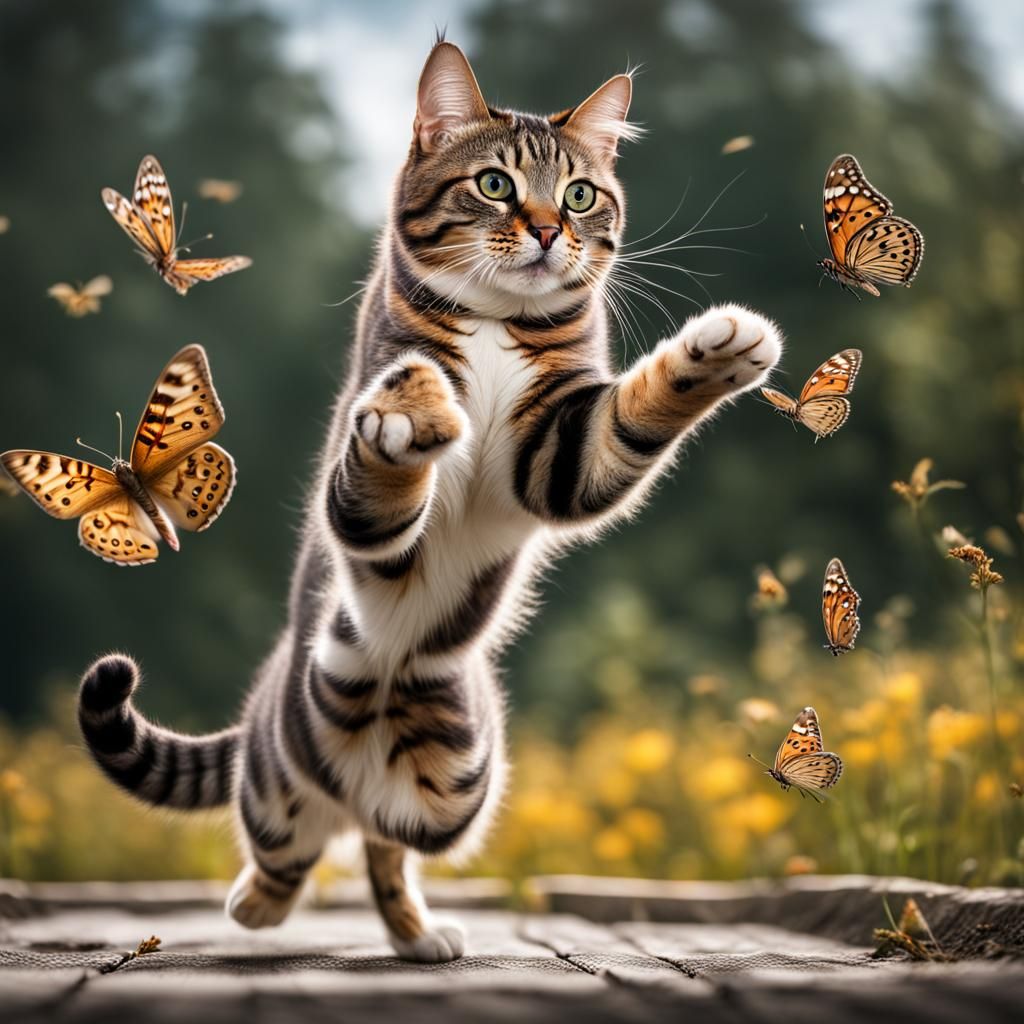 Tabby Cat's Vertical Leap for Butterfly in HDR