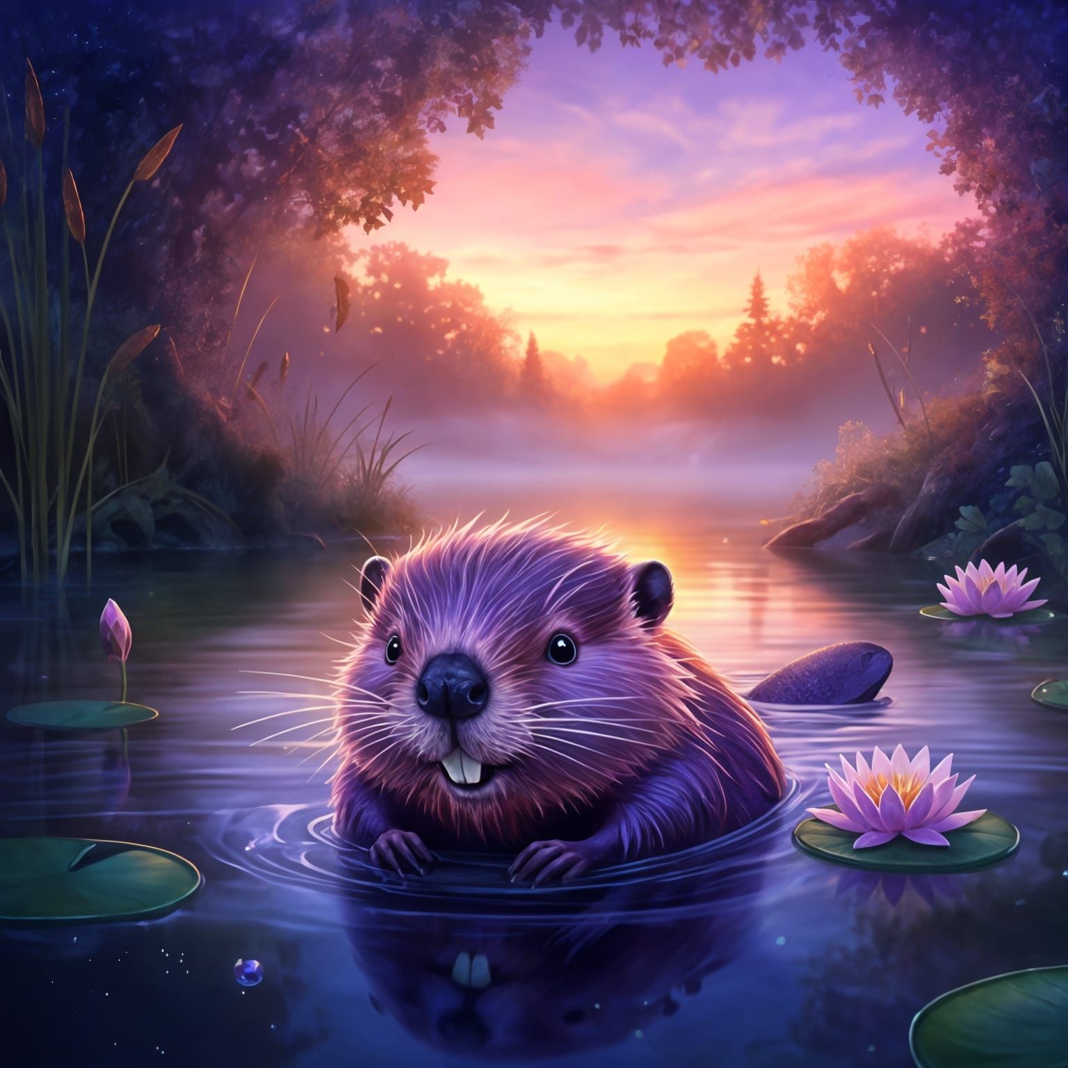Purple Beavers Enjoying Orange and Purple Sunset