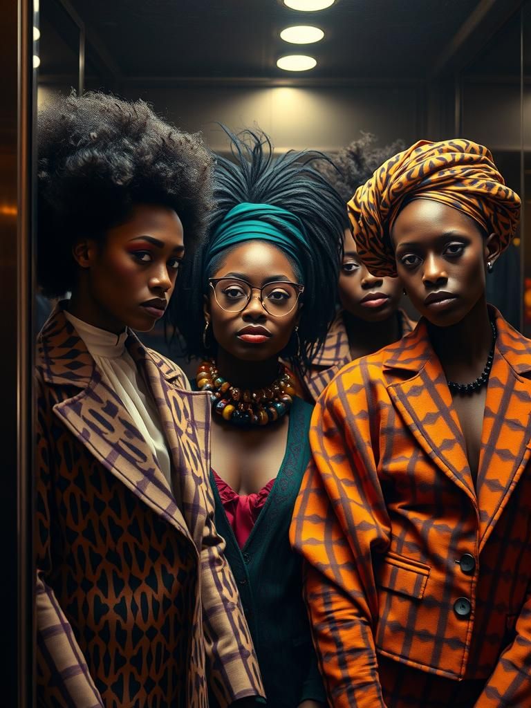 Exotic Hotel Guests in Futuristic Lift: Oil Painting