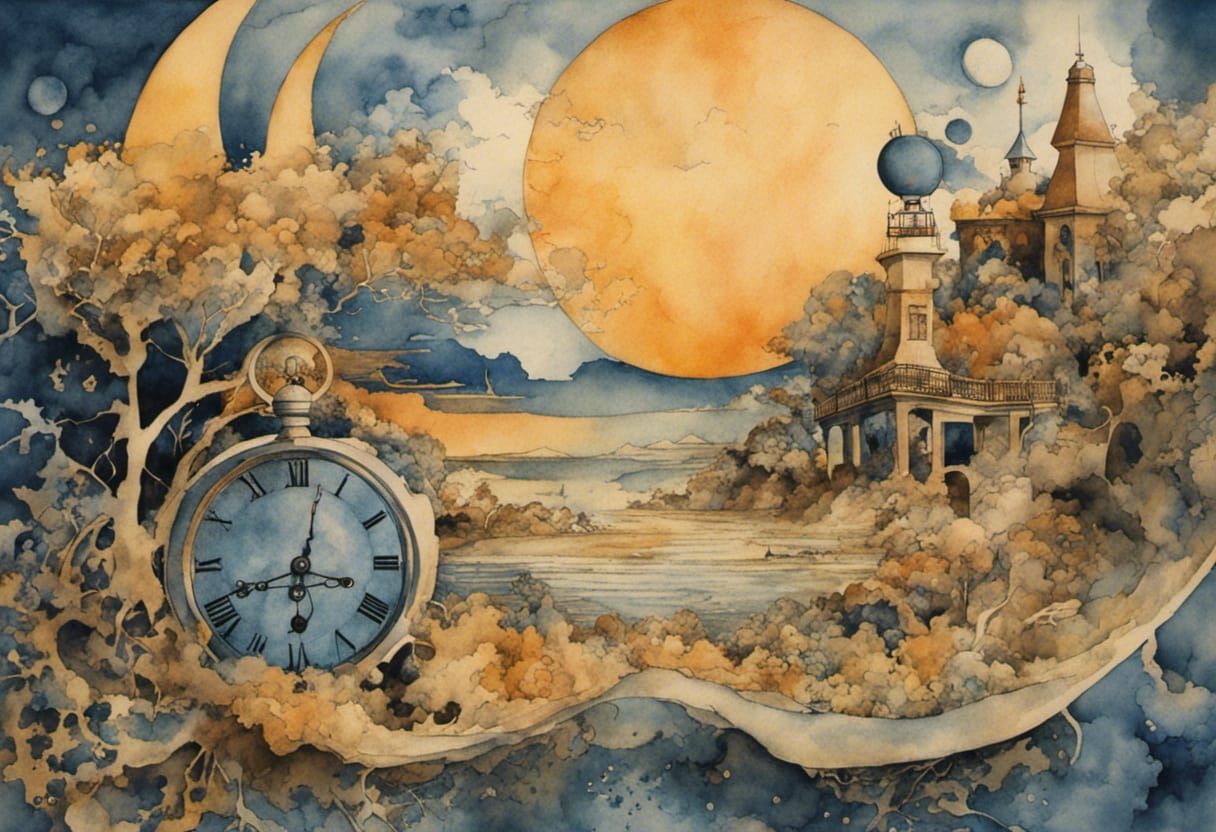 Surreal Time Devices in Blue Watercolour Ink