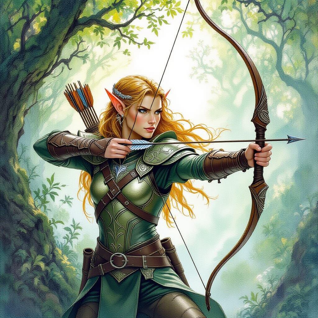 Elf in Mystical Forest, Watercolor Style