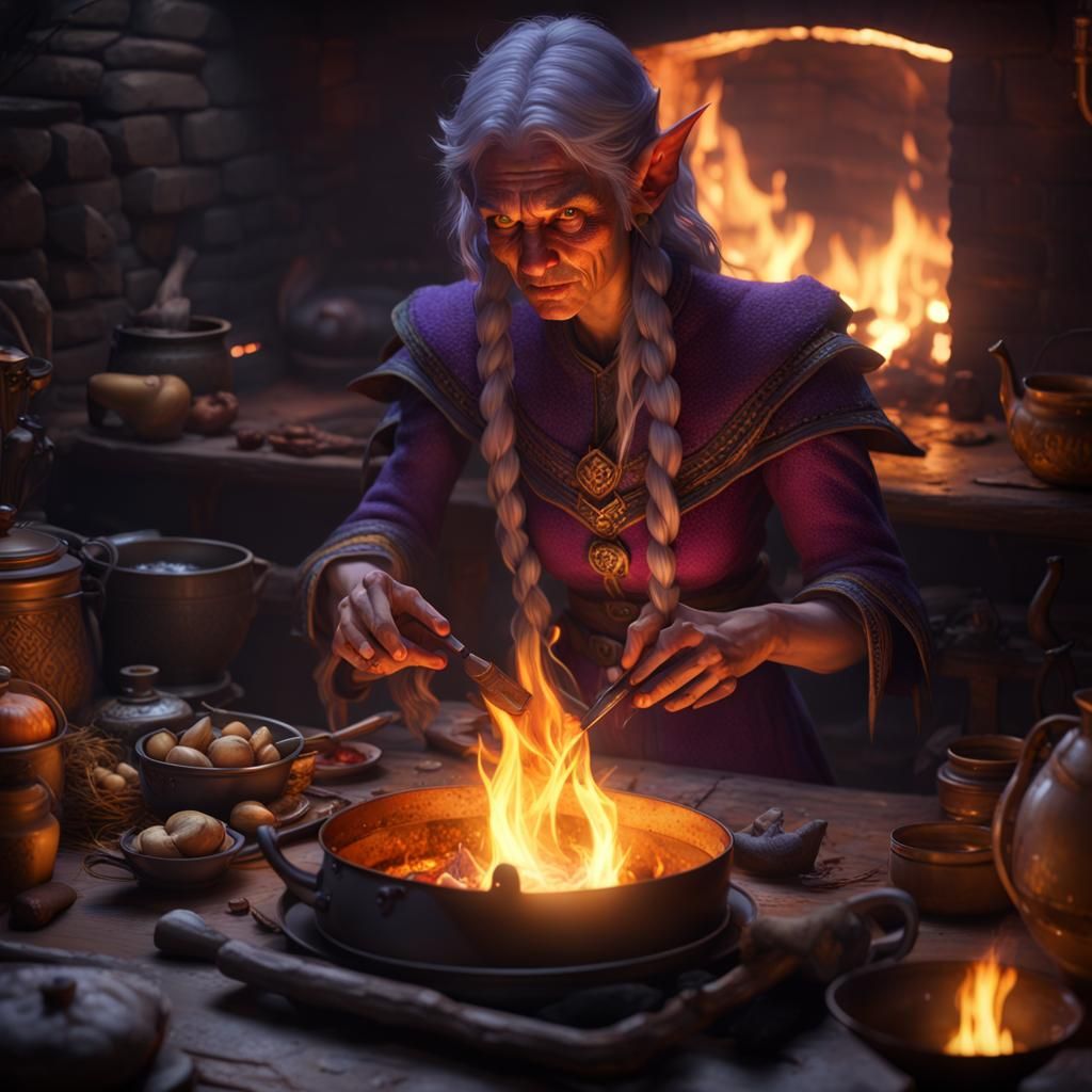 Elf Cooking Dinner in Cozy Dwelling, Dark Fantasy Art