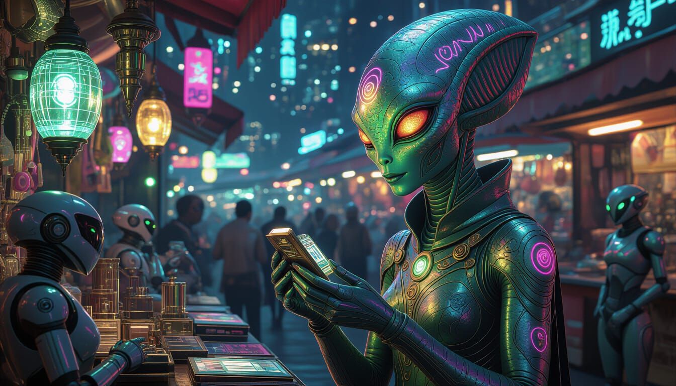 Alien in Bustling Market, Hyperrealistic Cinematic Style