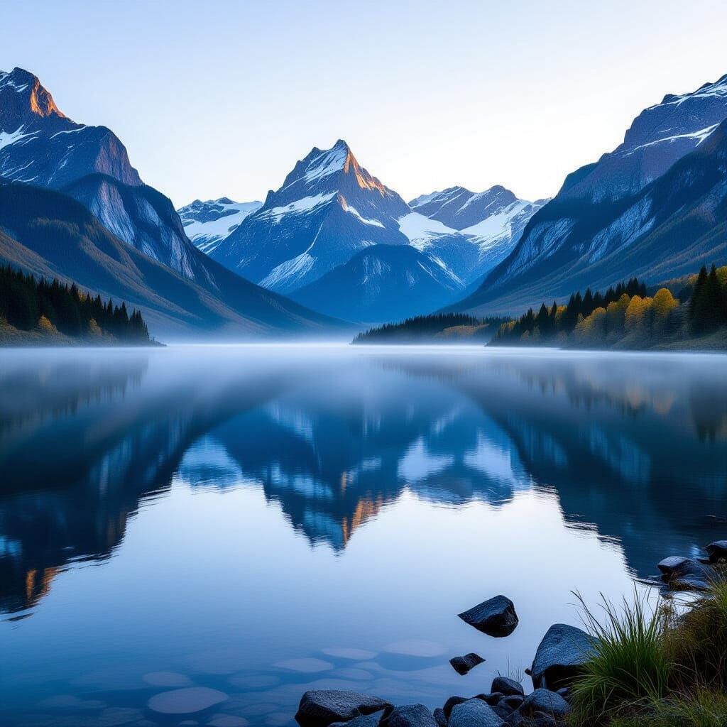 Serene Valley: Mist-Shrouded Lake in Mountain Landscape