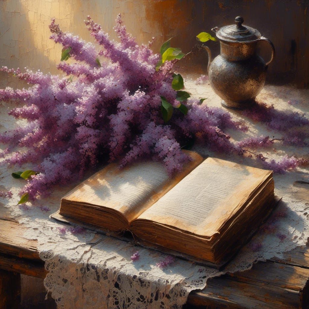 Still Life with Lilacs in Textured Oil Painting Style