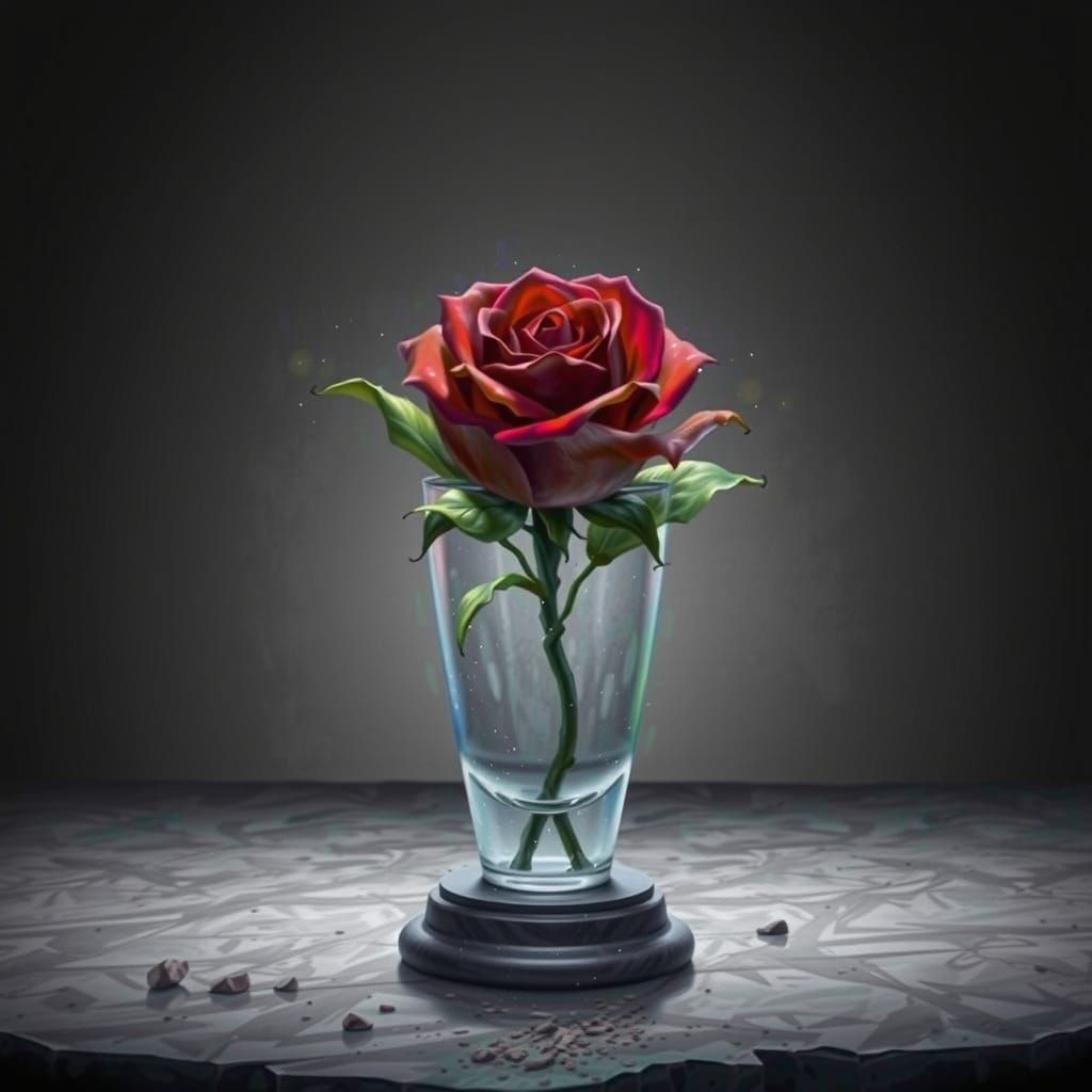 Crimson Rose Emerges from Glass in Neo-Expressionist Oil Pai...