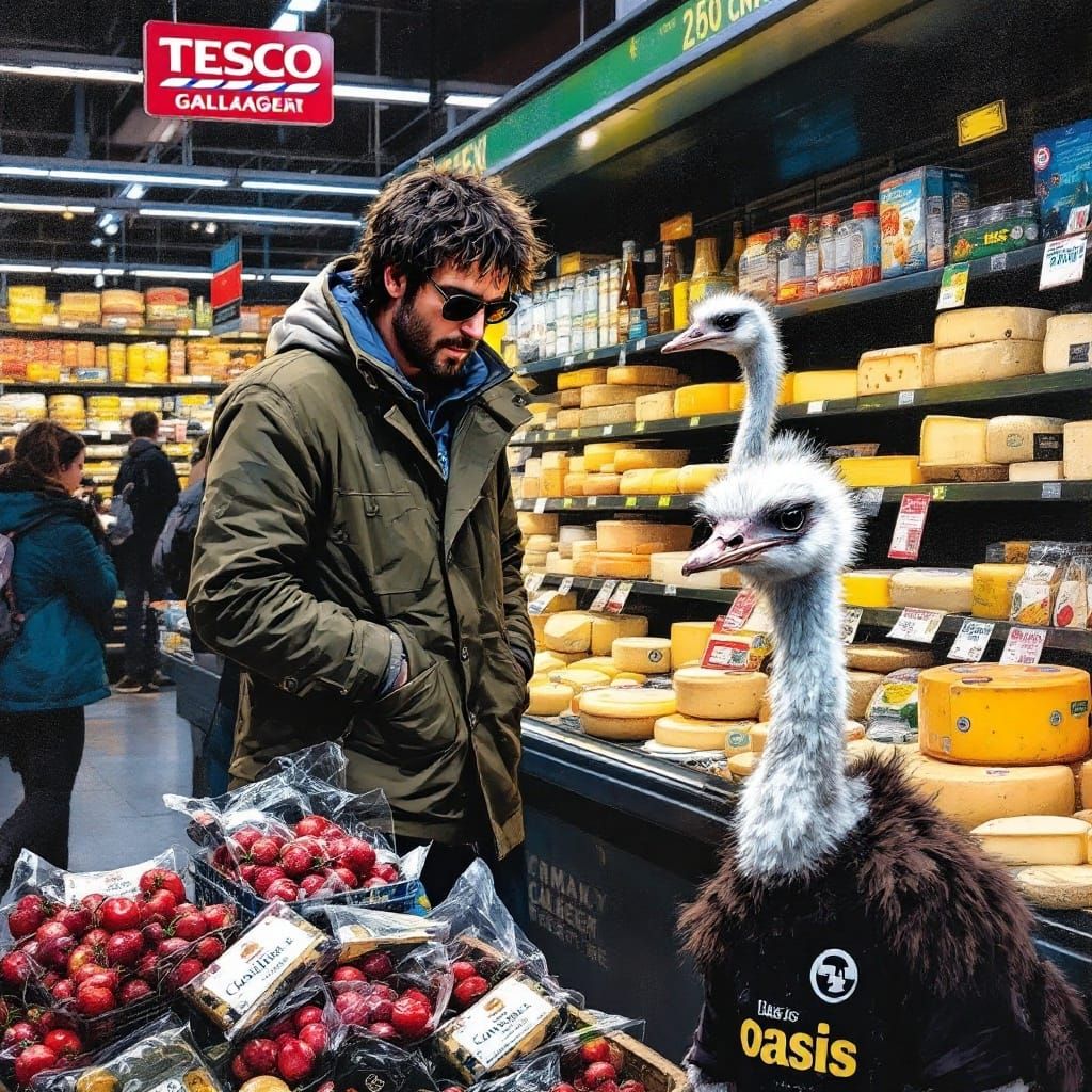 Liam Gallagher and Emu in Tesco Dairy Aisle Pop Art