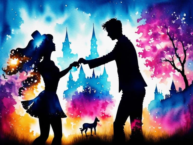 Whimsical Dancing Couple in Romantic Watercolor Setting