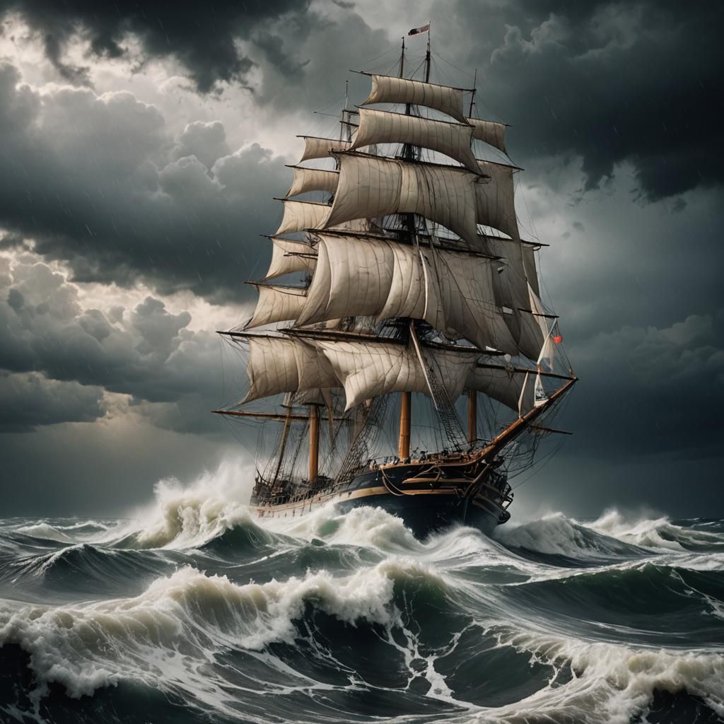 Clipper Ship Navigates Stormy Seas in Romanticism Style
