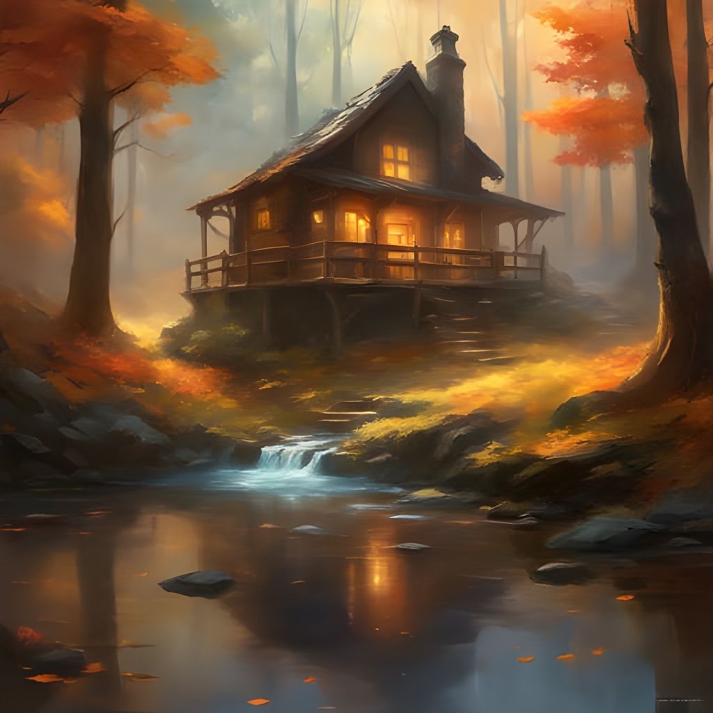Cozy Cabin in Autumnal Woods: Digital Concept Art