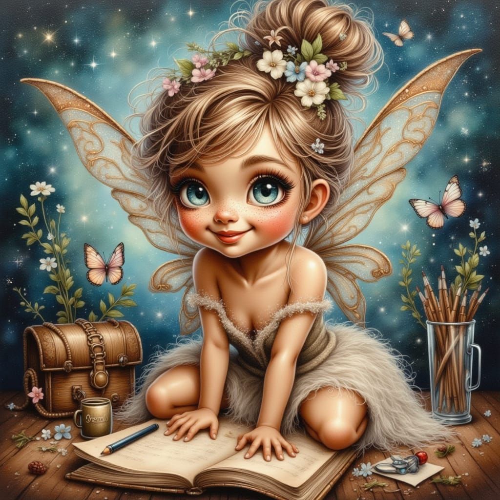 Glitter Fairy Oil Painting in Whimsical Watercolor Style