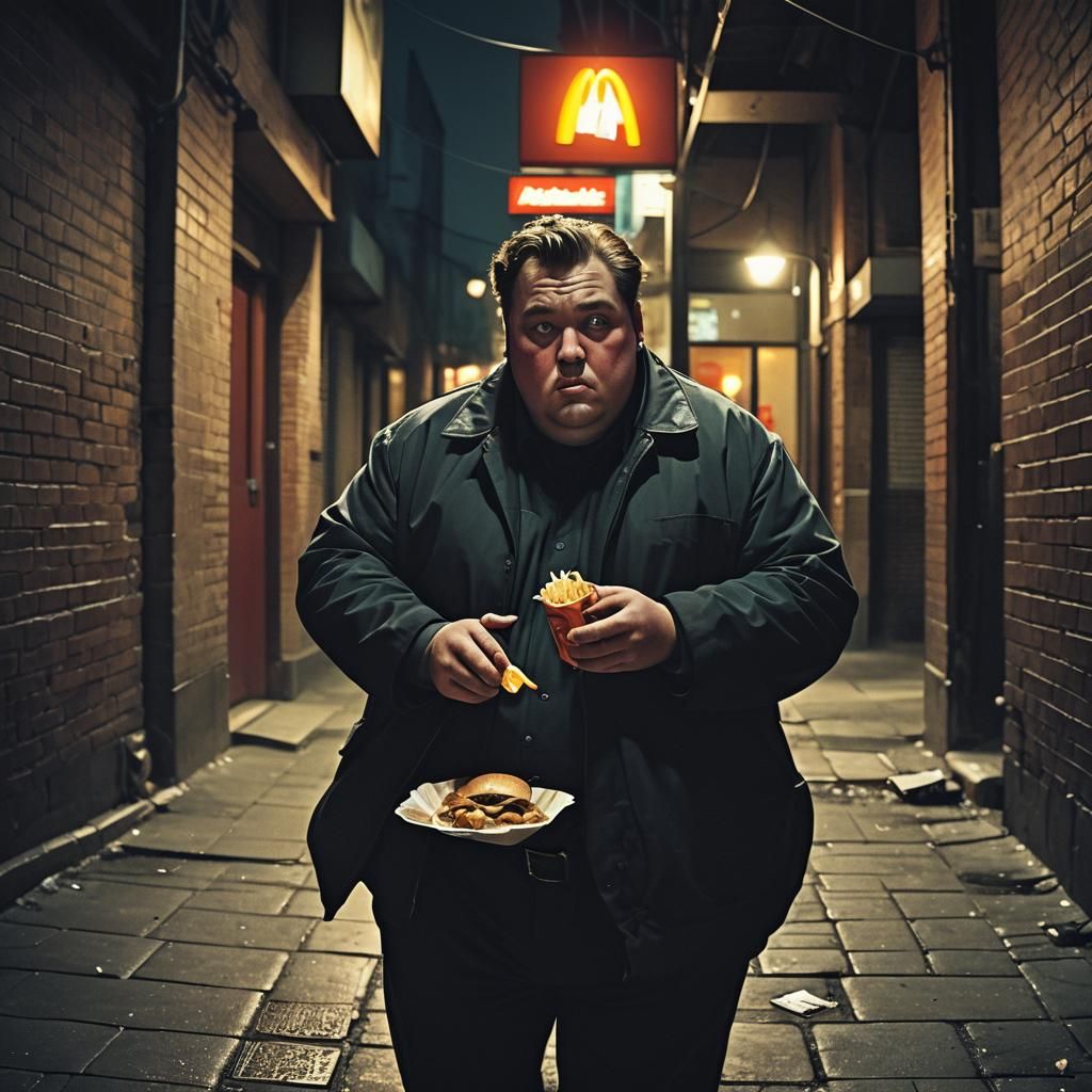 Fat Man Eats McDonald's in Film Noir Style
