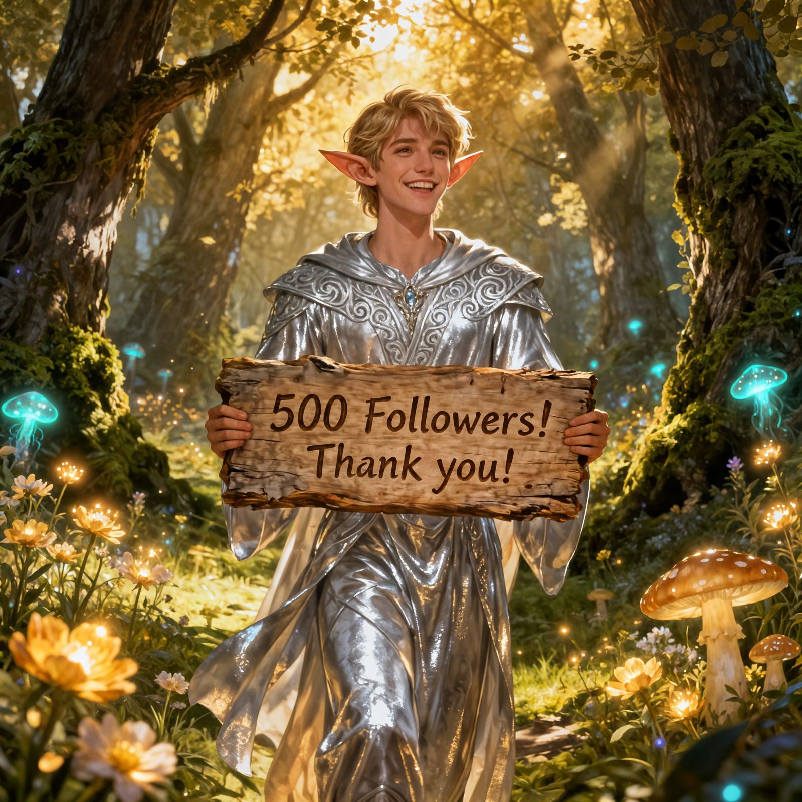 Elf Thanks Followers in Magical Woodland Clearing