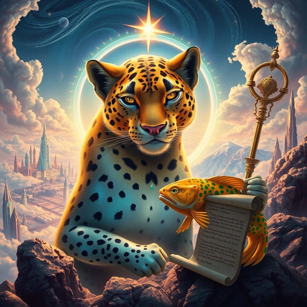 Celestial Panther God in Dreamlike Cityscape