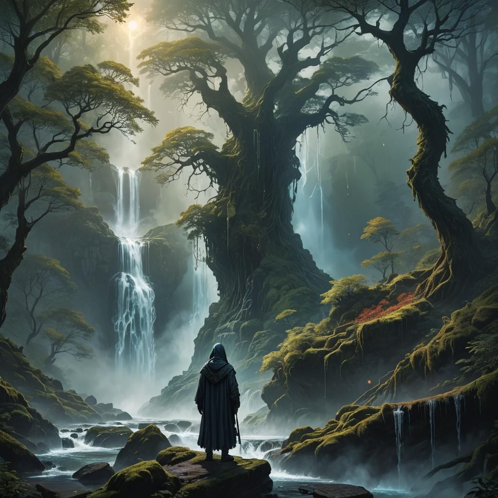 Mystical Forest Wanderer by Waterfall in Fantasy Art