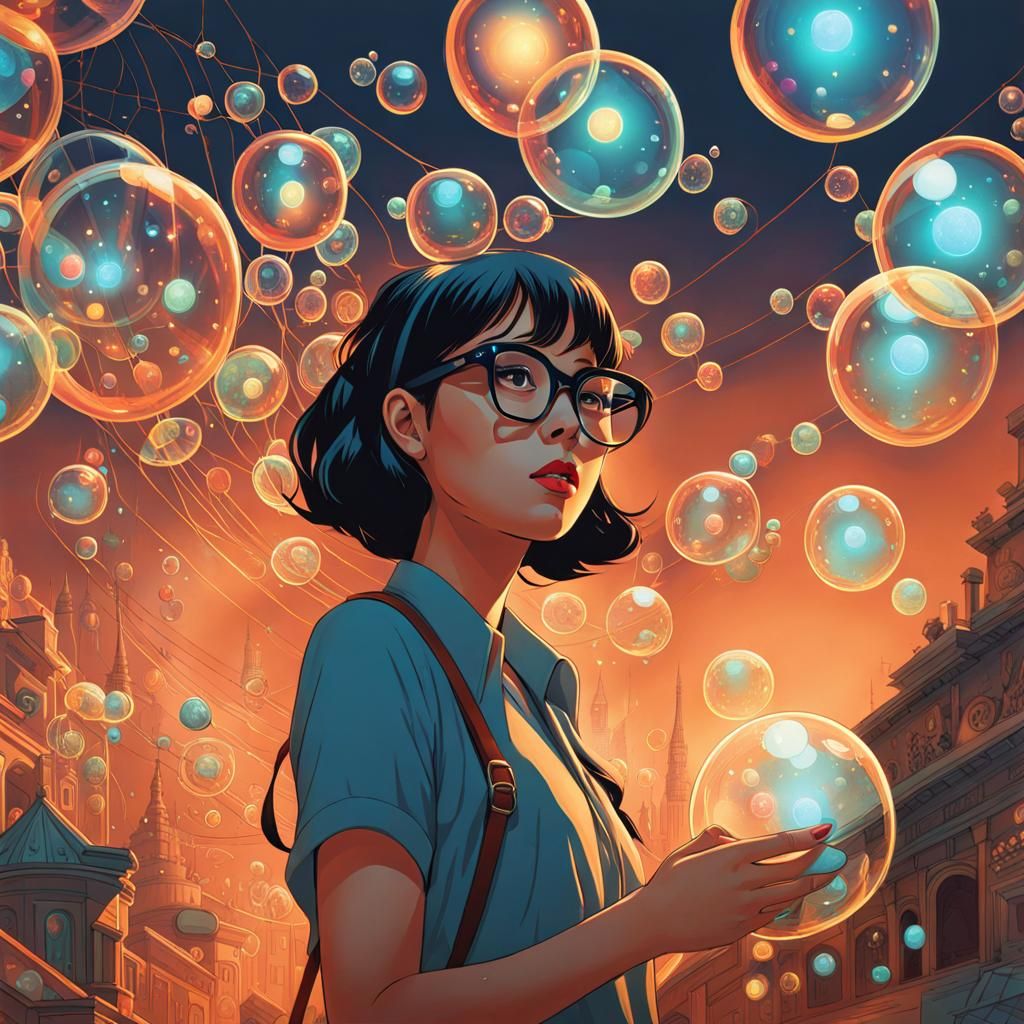 Girl in VR Glasses with Pulsating Bubbles