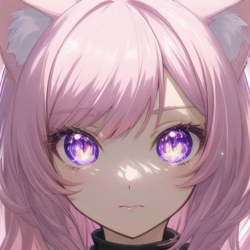 Anime Cat-Girl Portrait with Pink Hair and Purple Eyes