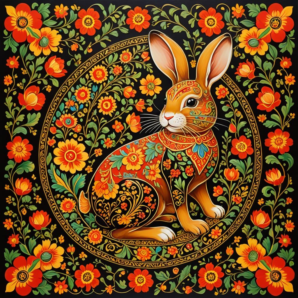 Traditional Russian Folk Art Rabbit in Khokhloma Style