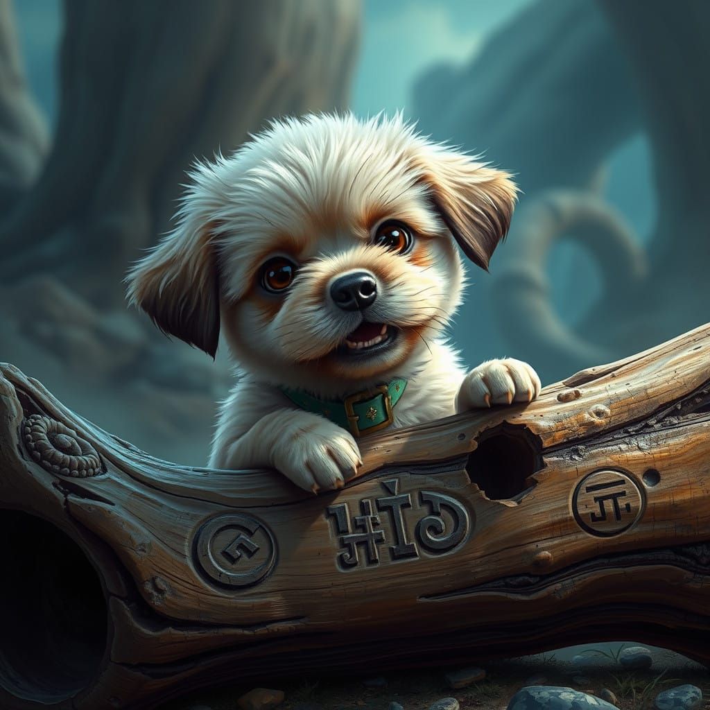 Tiny Puppy Digs Ancient Bone in Whimsical, High-Contrast Lan...
