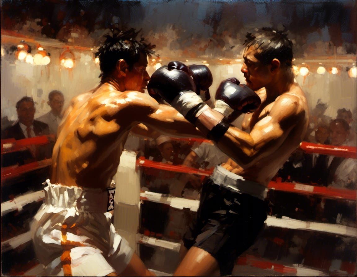 Boxing Match in Impasto Style with Bright Lights