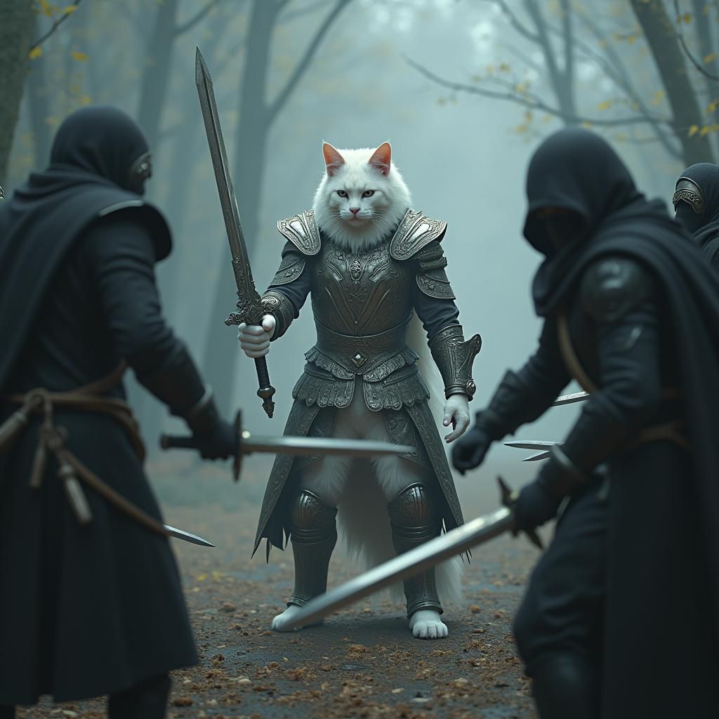 Armored Cat Warrior in Mystical Battle Scene