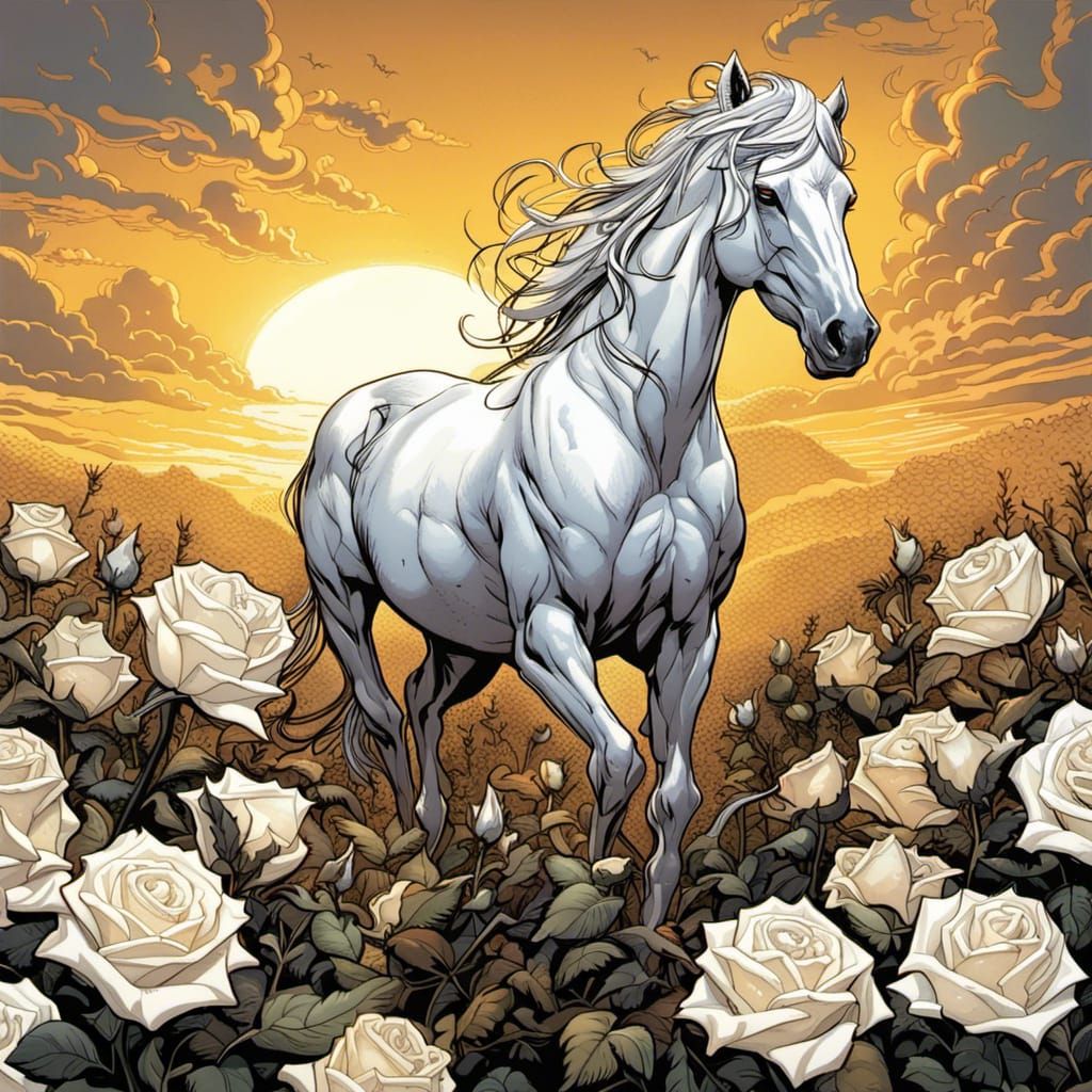 Gothic Dark Fantasy White Horse in Roses