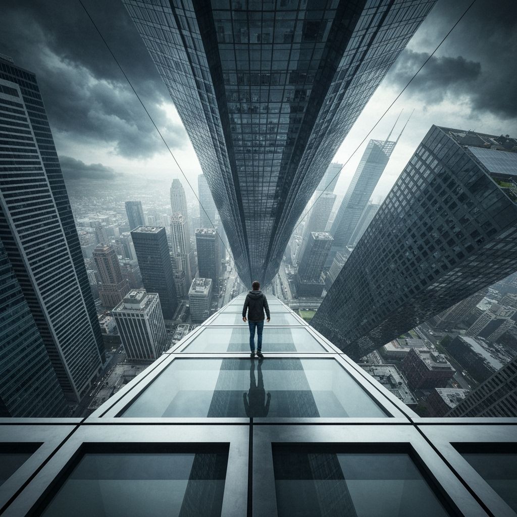 Dizzying Rooftop View of City Under Stormy Sky