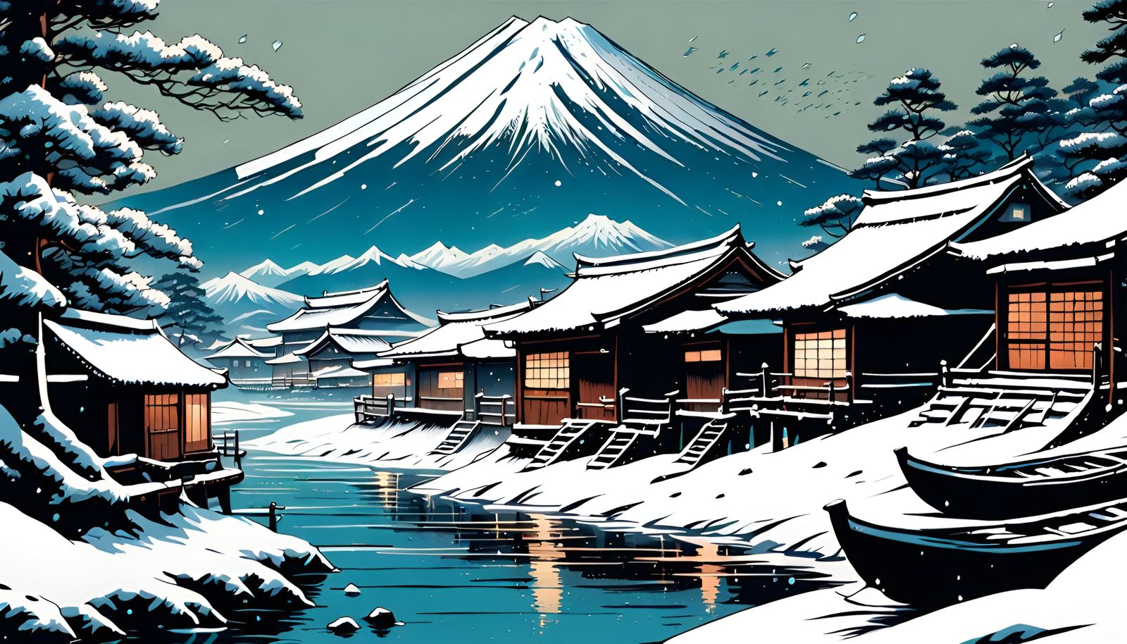 Mount Fuji Winter Scene in Silkscreen Style