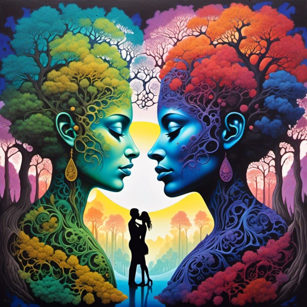 Psychedelic Airbrush Painting: Kissing Women in Forest